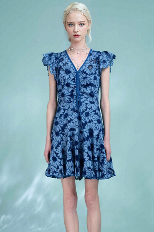 Embroidered Lace Fly Sleeve Little Daisy Lace Dress