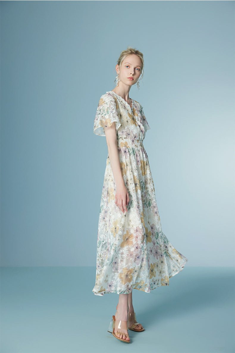 High-waisted lace ruffle dress