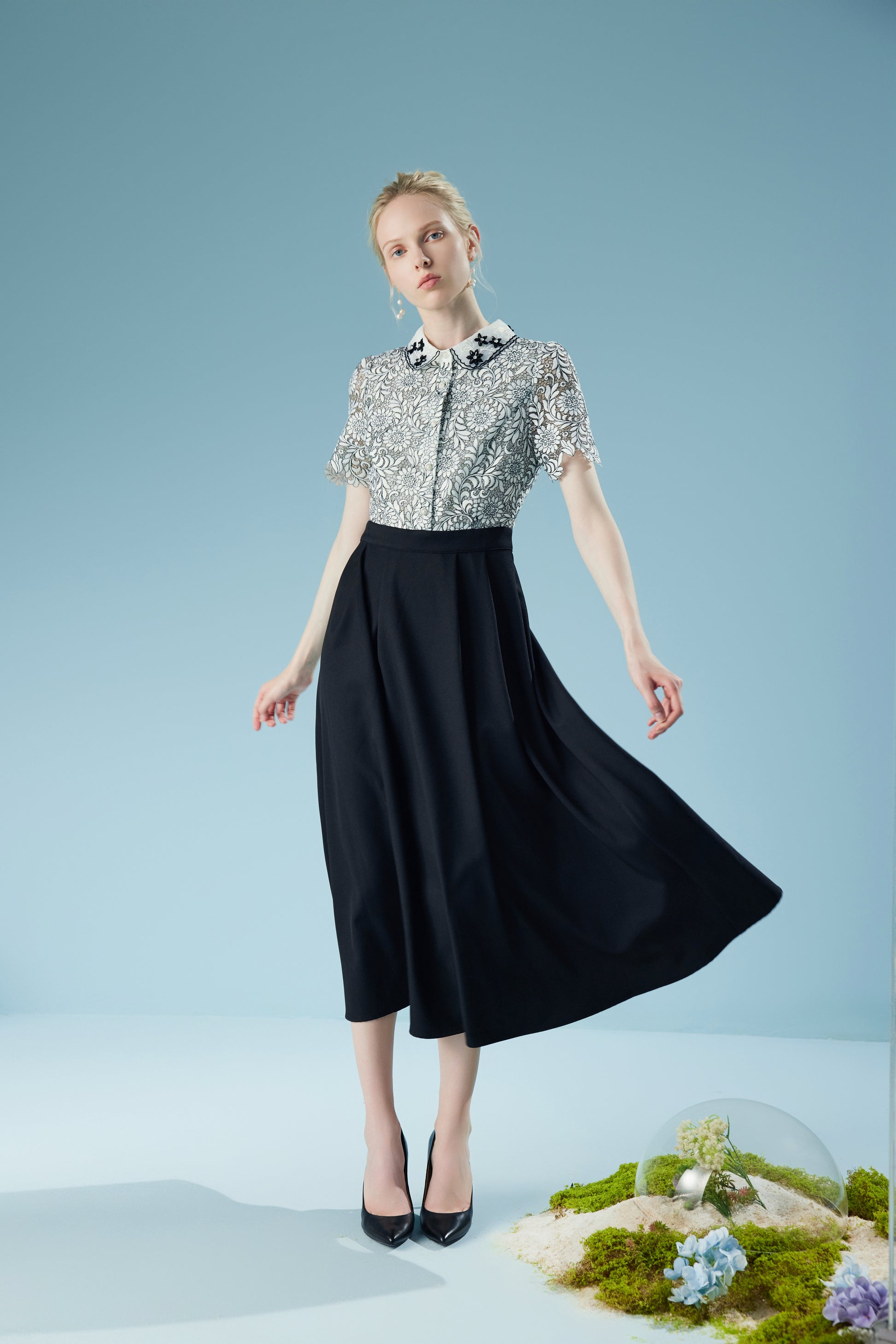 Embroidered Patchwork French Flower Collar Lace Midi Dress