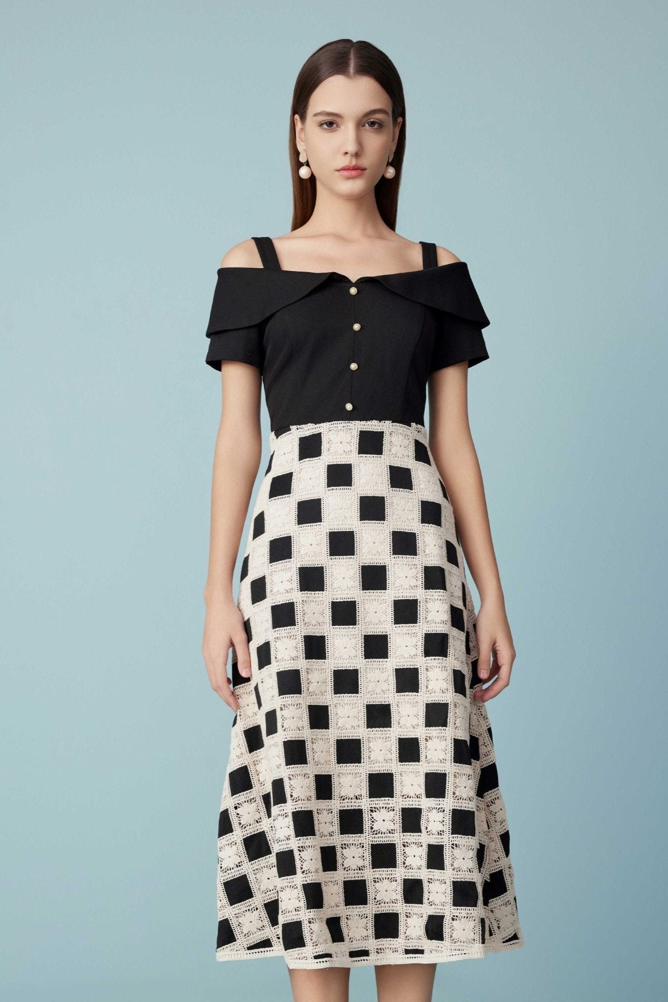 Spring Fashion Lace Black and White Plaid Waistless Dress