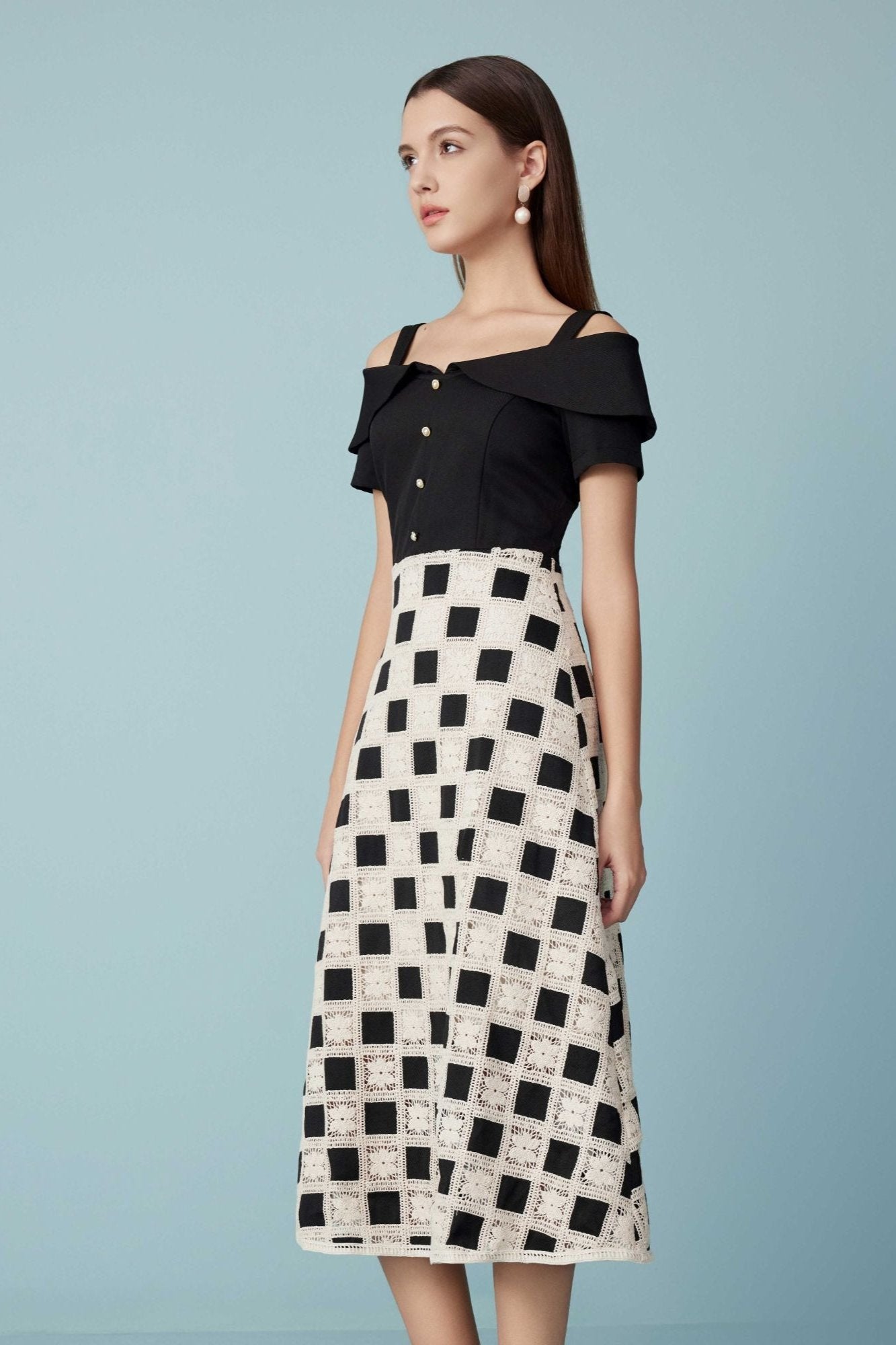 Spring Fashion Lace Black and White Plaid Waistless Dress