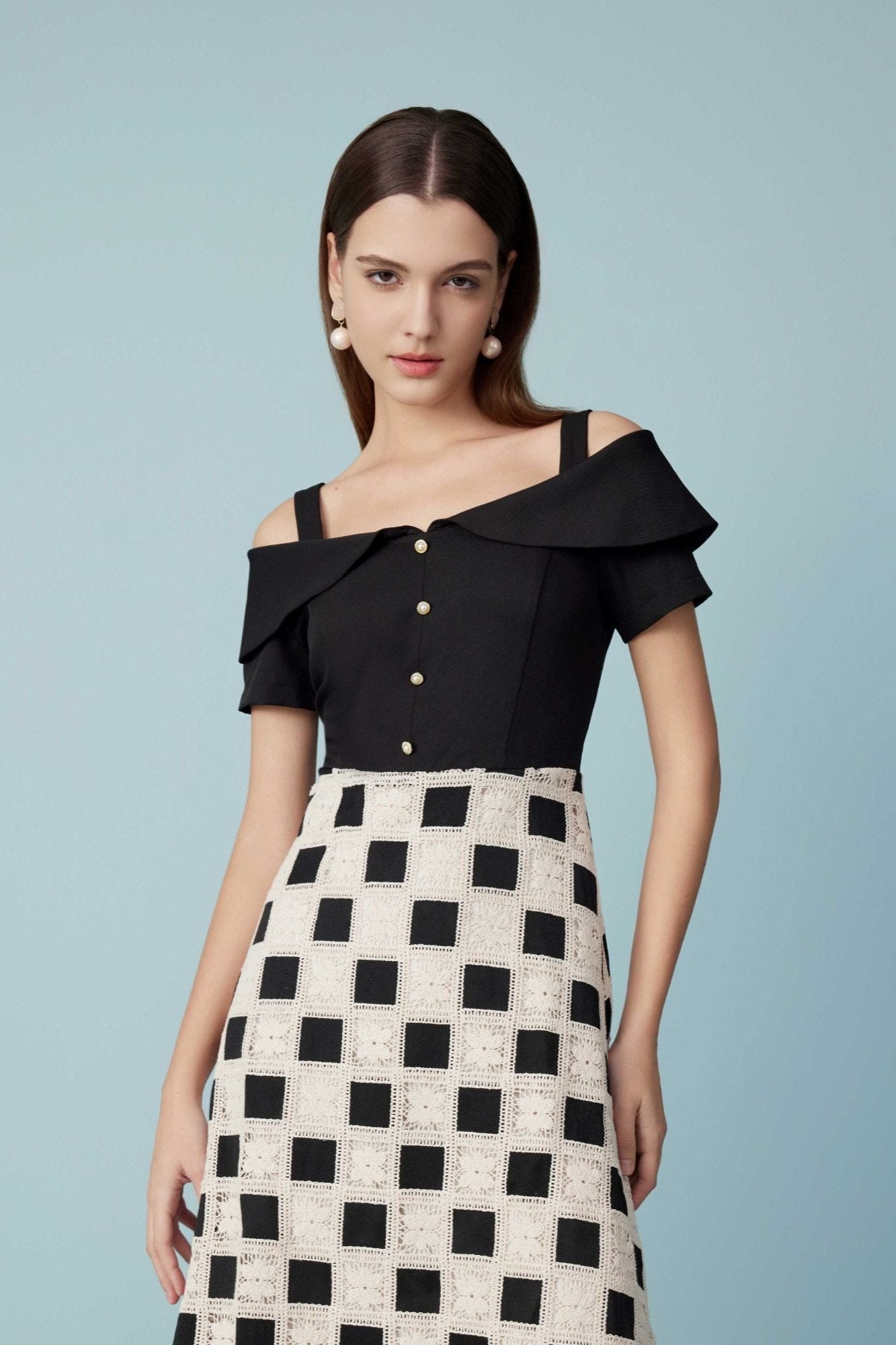 Spring Fashion Lace Black and White Plaid Waistless Dress