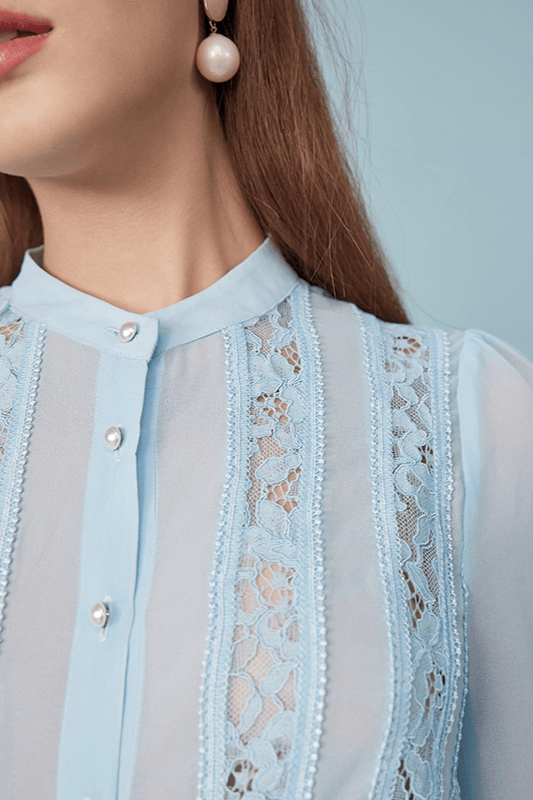 Spring new French long-sleeved lace stitching ice blue shirt