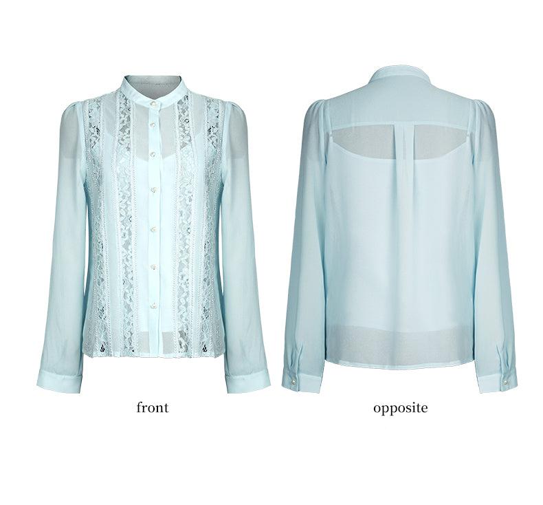 Spring new French long-sleeved lace stitching ice blue shirt