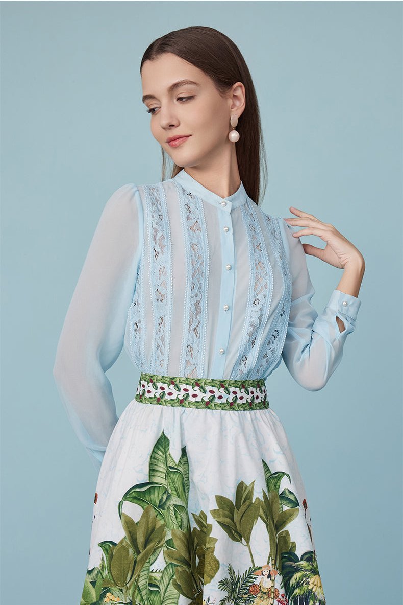 Spring new French long-sleeved lace stitching ice blue shirt
