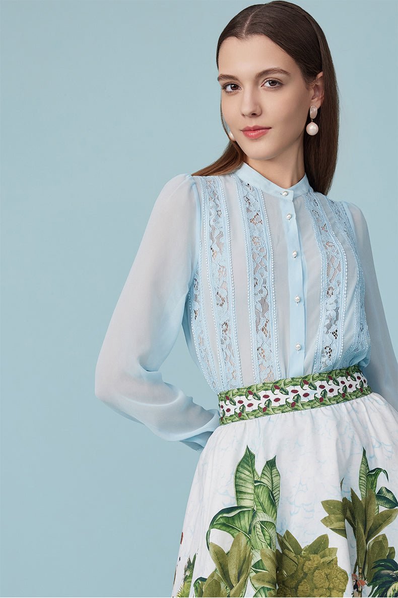 Spring new French long-sleeved lace stitching ice blue shirt