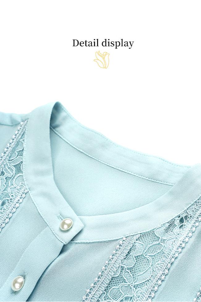 Spring new French long-sleeved lace stitching ice blue shirt