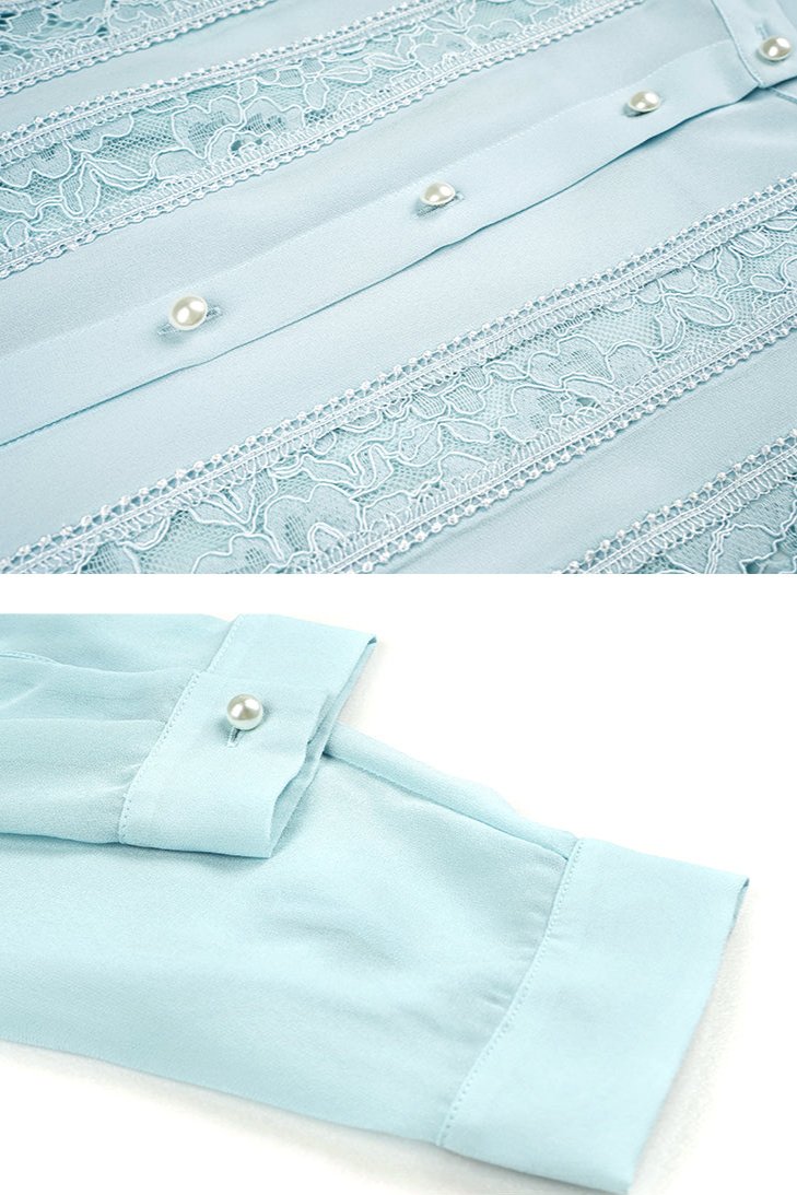 Spring new French long-sleeved lace stitching ice blue shirt
