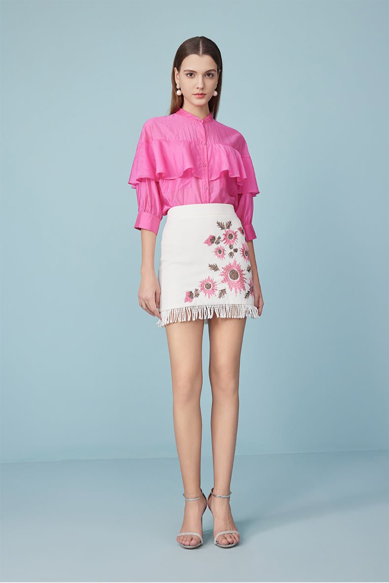 New fringed high waist embroidered skirt