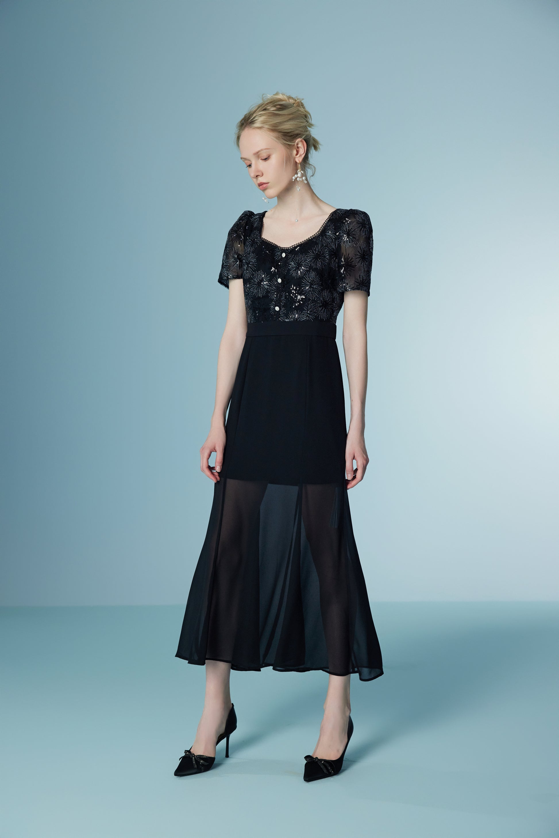 Mesh Black Long Bubble Sleeve Lace Dresses