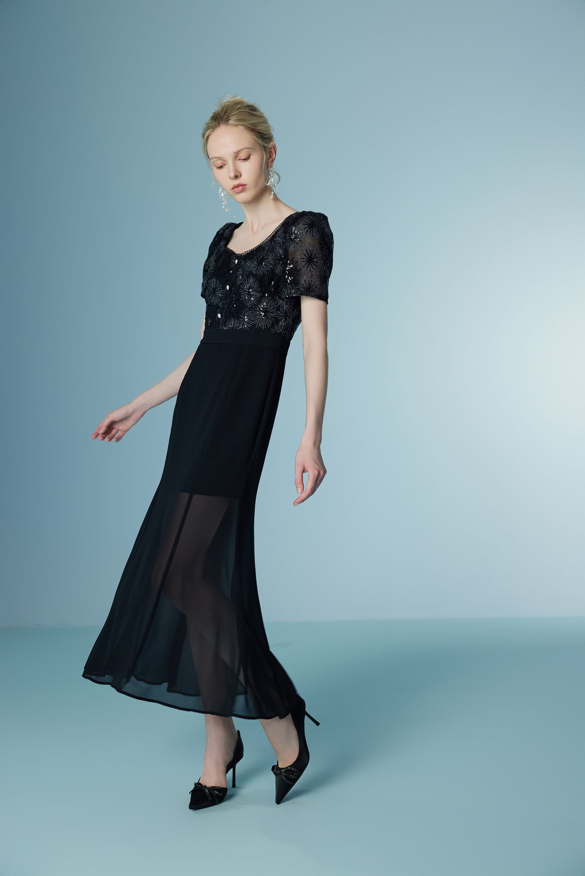 Mesh Black Long Bubble Sleeve Lace Dresses