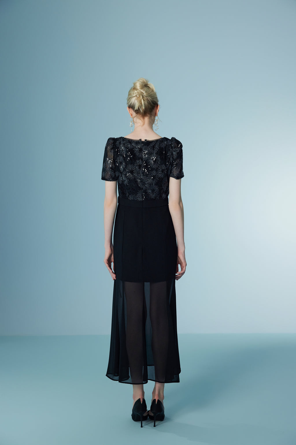 Mesh Black Long Bubble Sleeve Lace Dresses