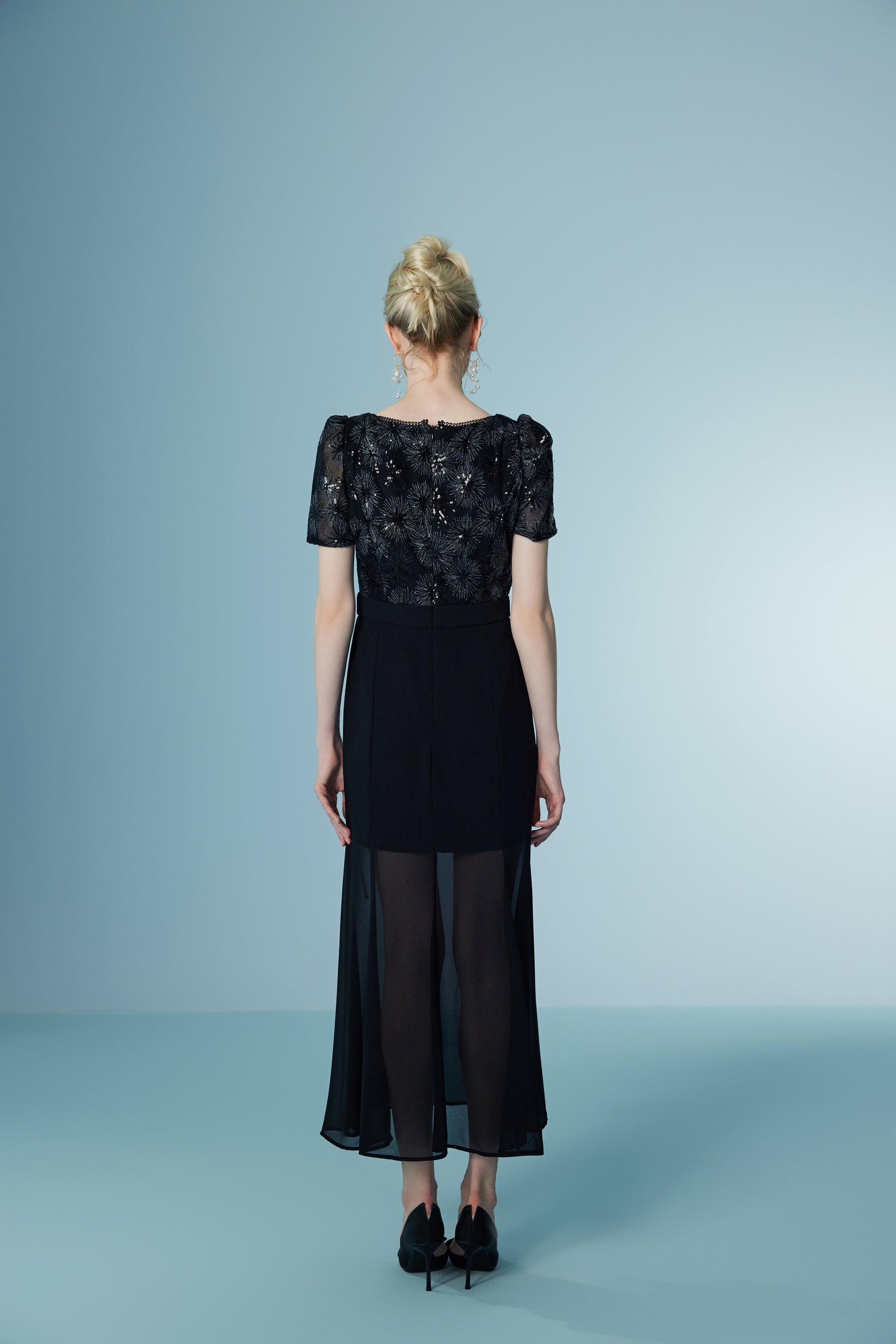 Mesh Black Long Bubble Sleeve Lace Dresses