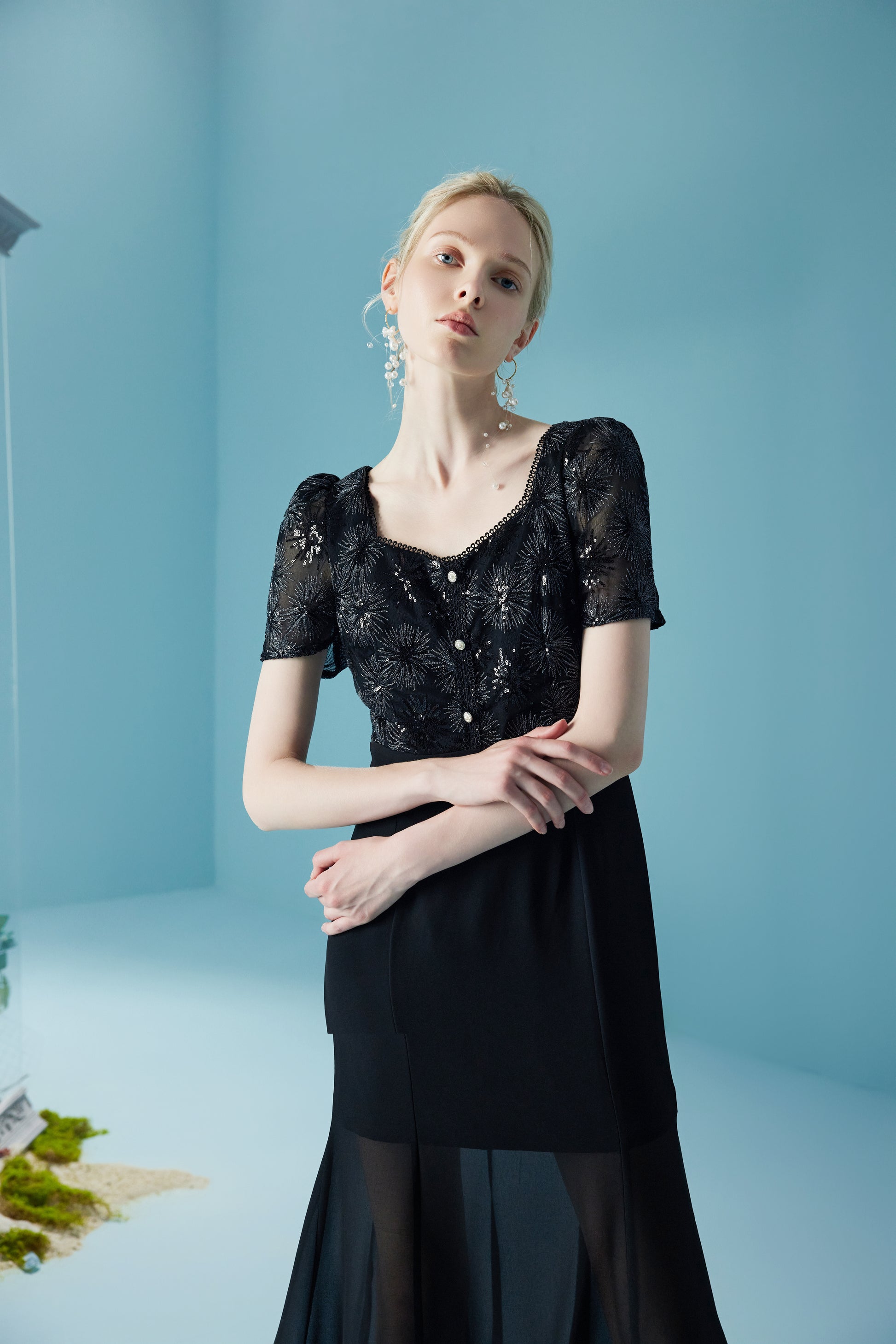 Mesh Black Long Bubble Sleeve Lace Dresses
