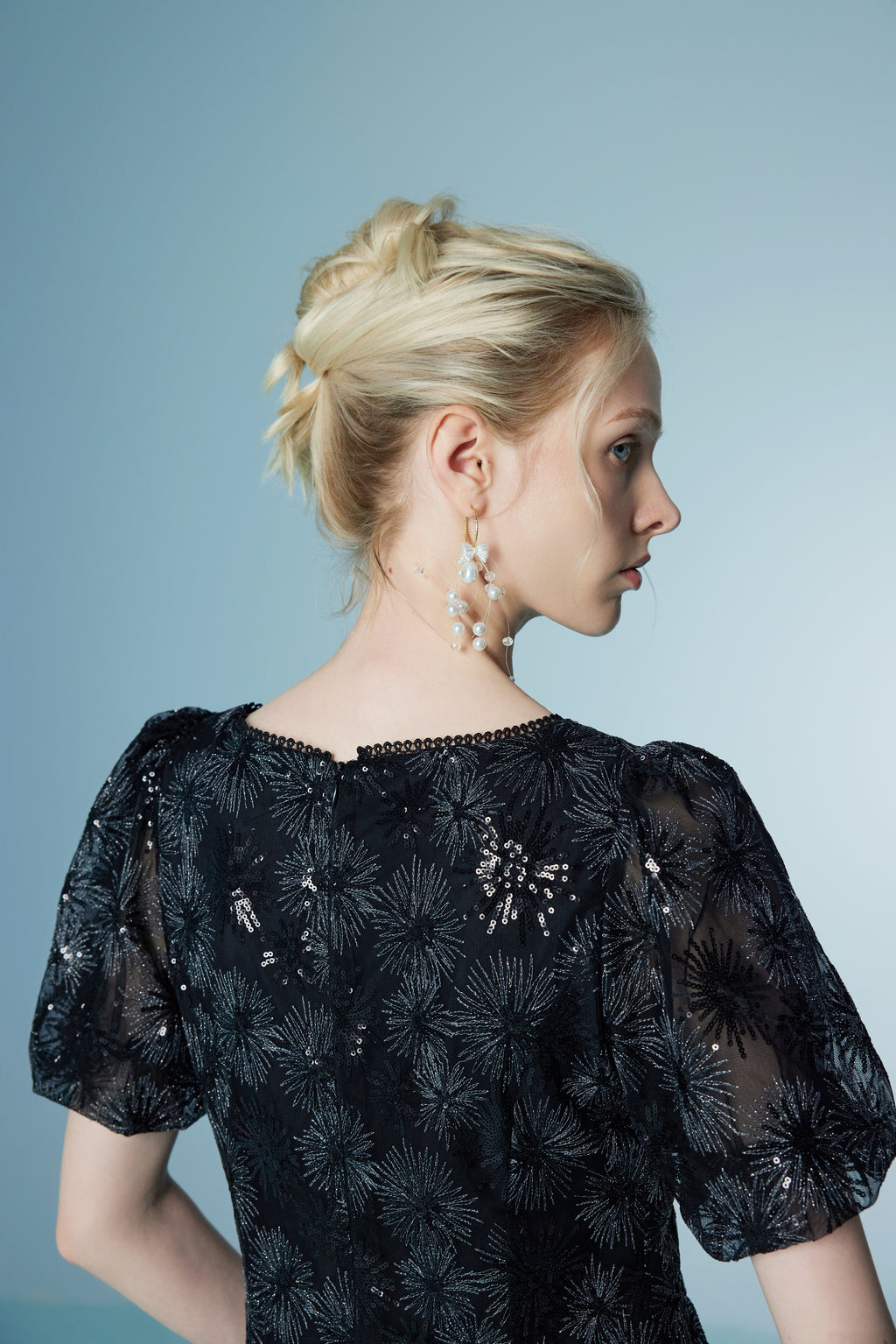 Lace Neck Bubble Sleeve Sunflower Dress