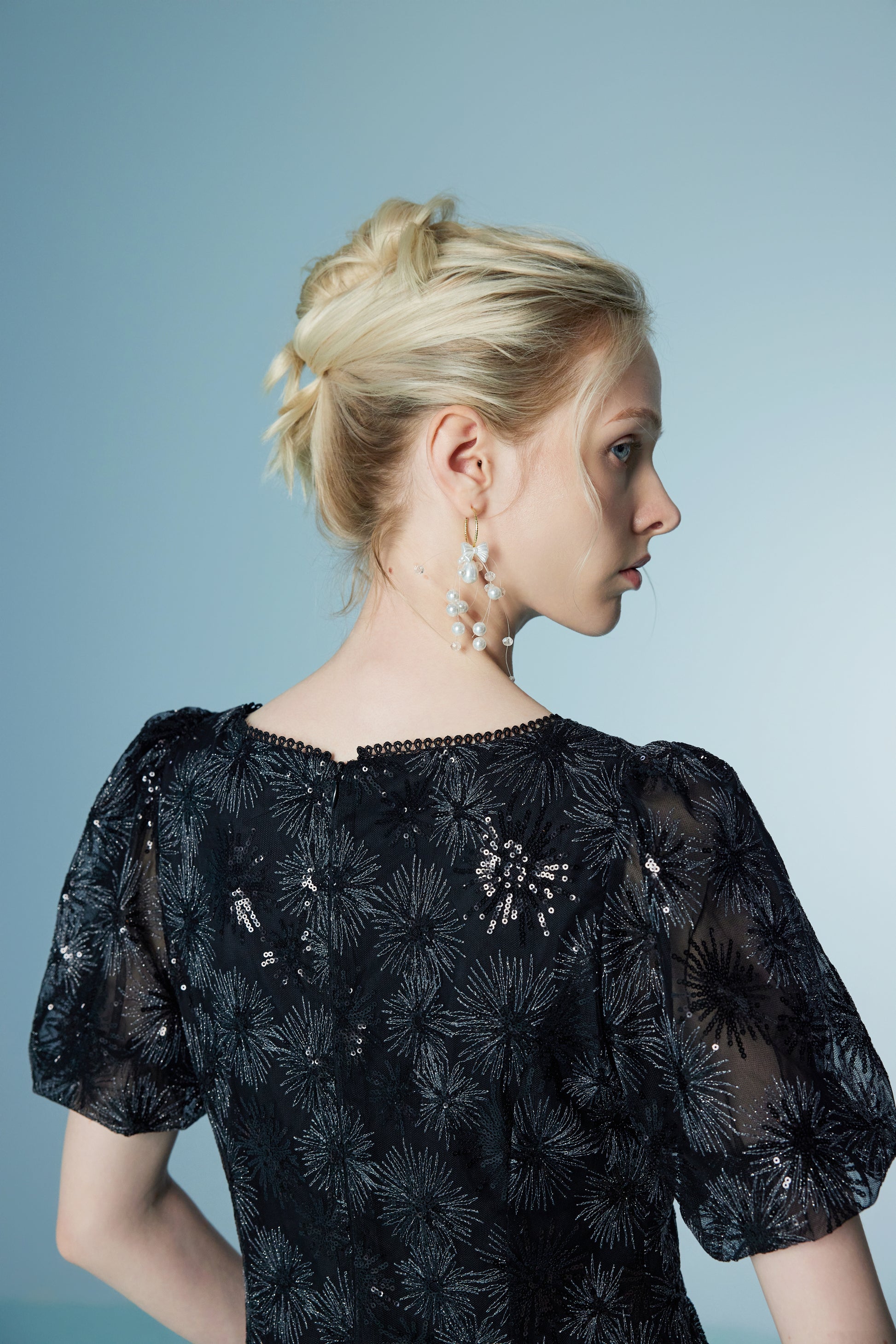 Lace Neck Bubble Sleeve Sunflower Dress