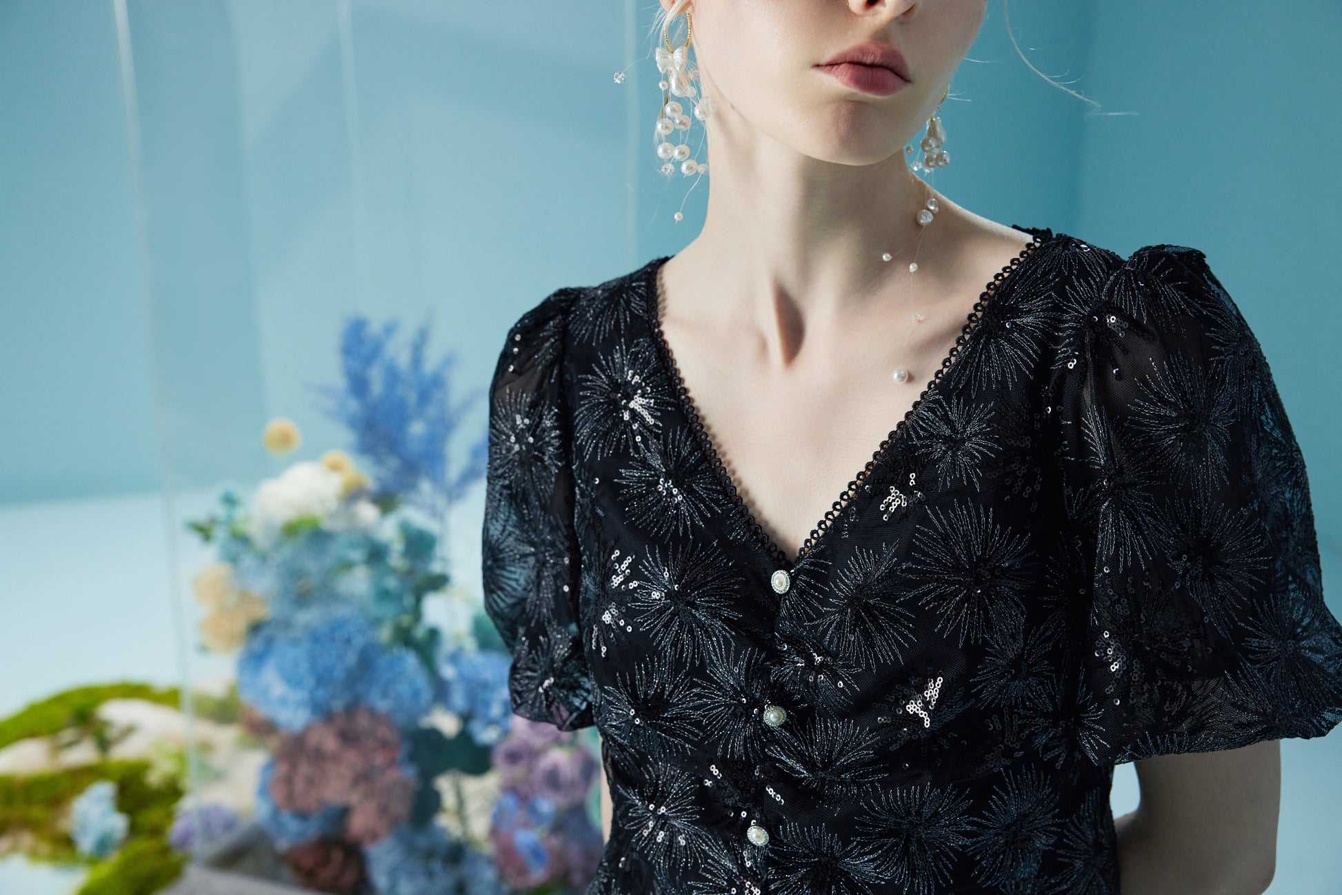 Lace Neck Bubble Sleeve Sunflower Dress