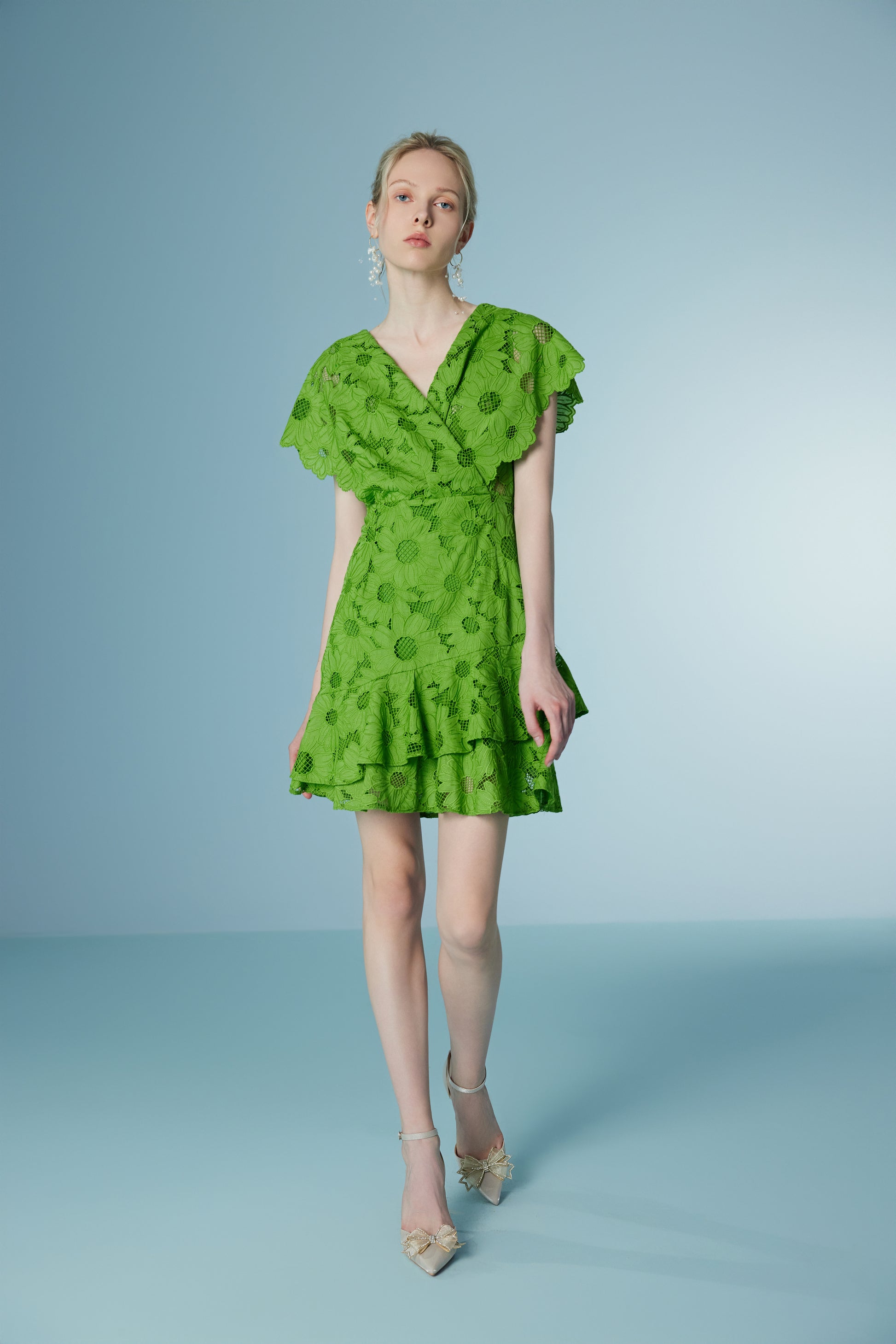 Ruffled Green Lace Dress Short