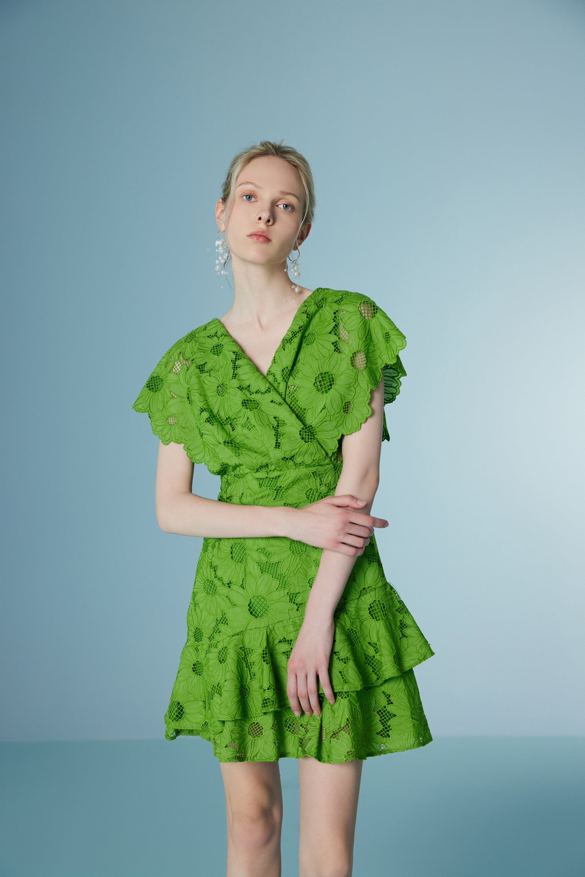 Ruffled Green Lace Dress Short