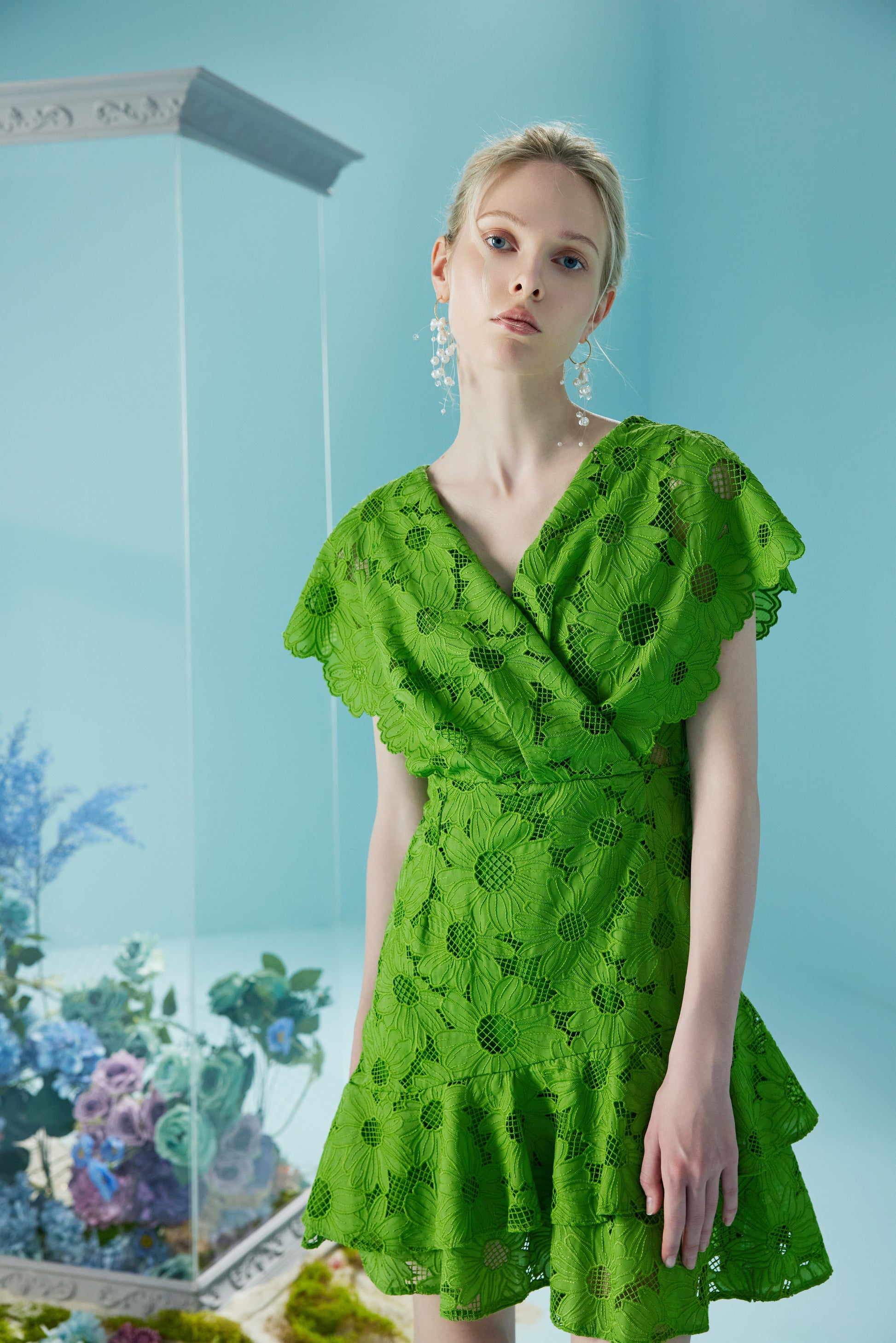 Ruffled Green Lace Dress Short