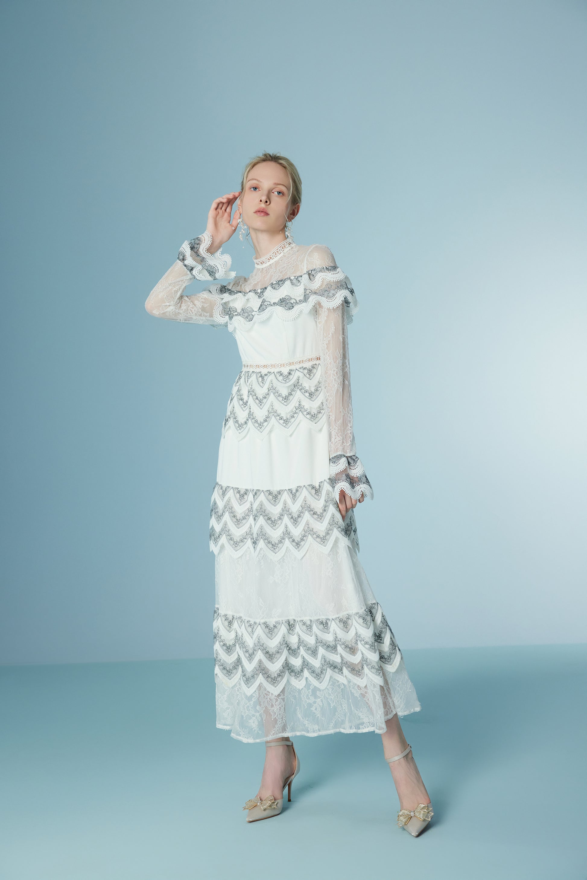 Wispy Long Sleeve Wave Floral Lace Maxi Dress