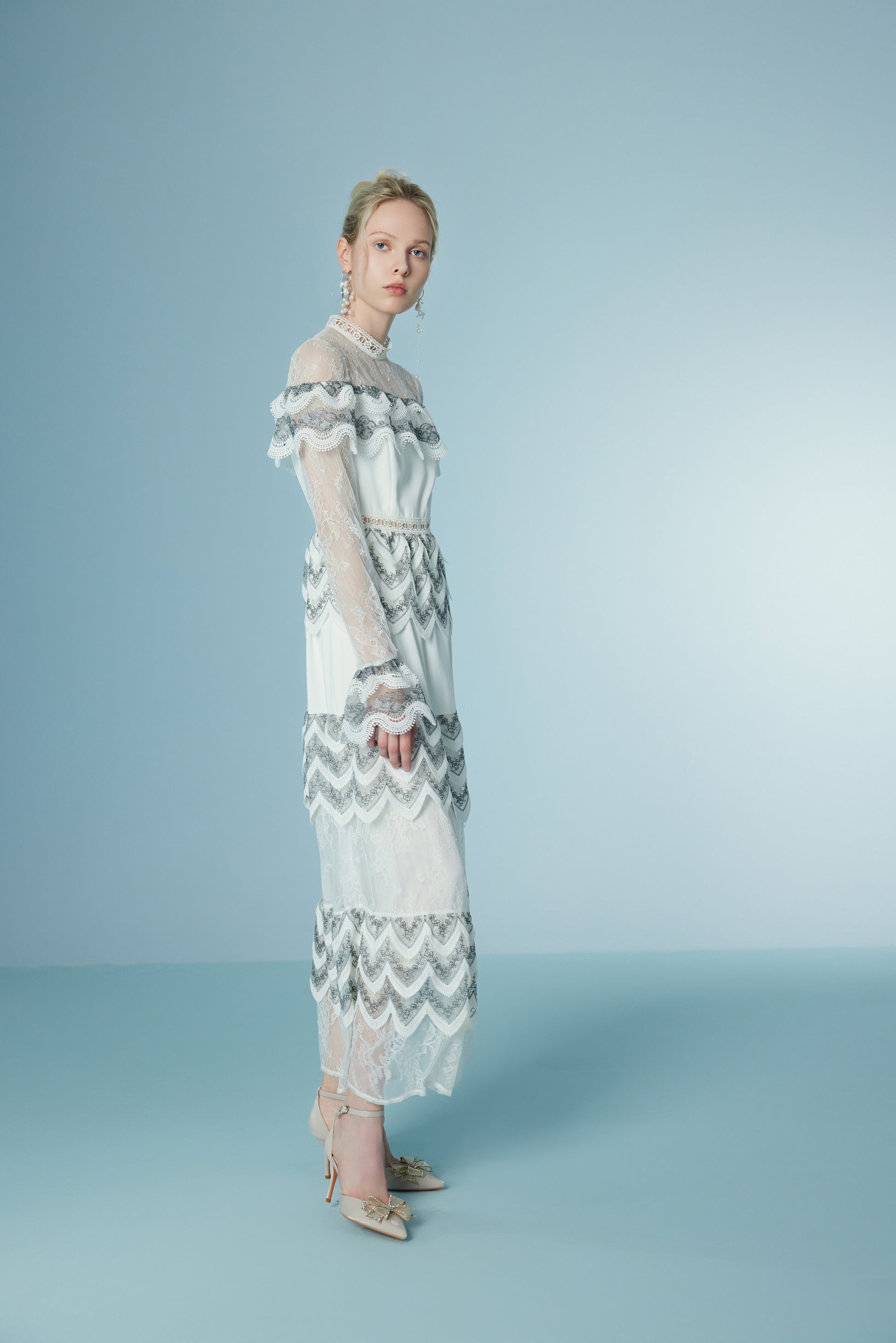 Wispy Long Sleeve Wave Floral Lace Maxi Dress
