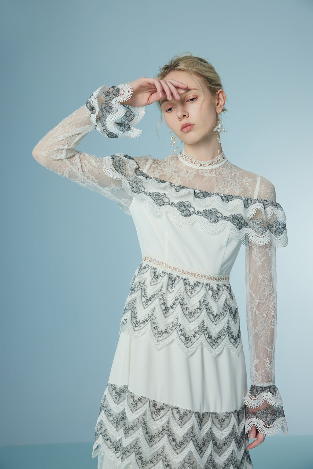 Wispy Long Sleeve Wave Floral Lace Maxi Dress