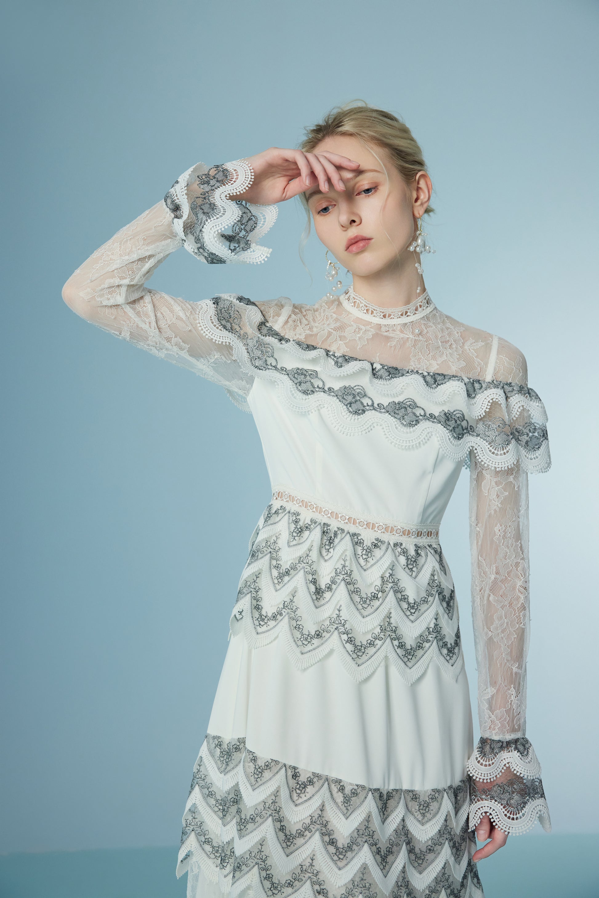 Wispy Long Sleeve Wave Floral Lace Maxi Dress