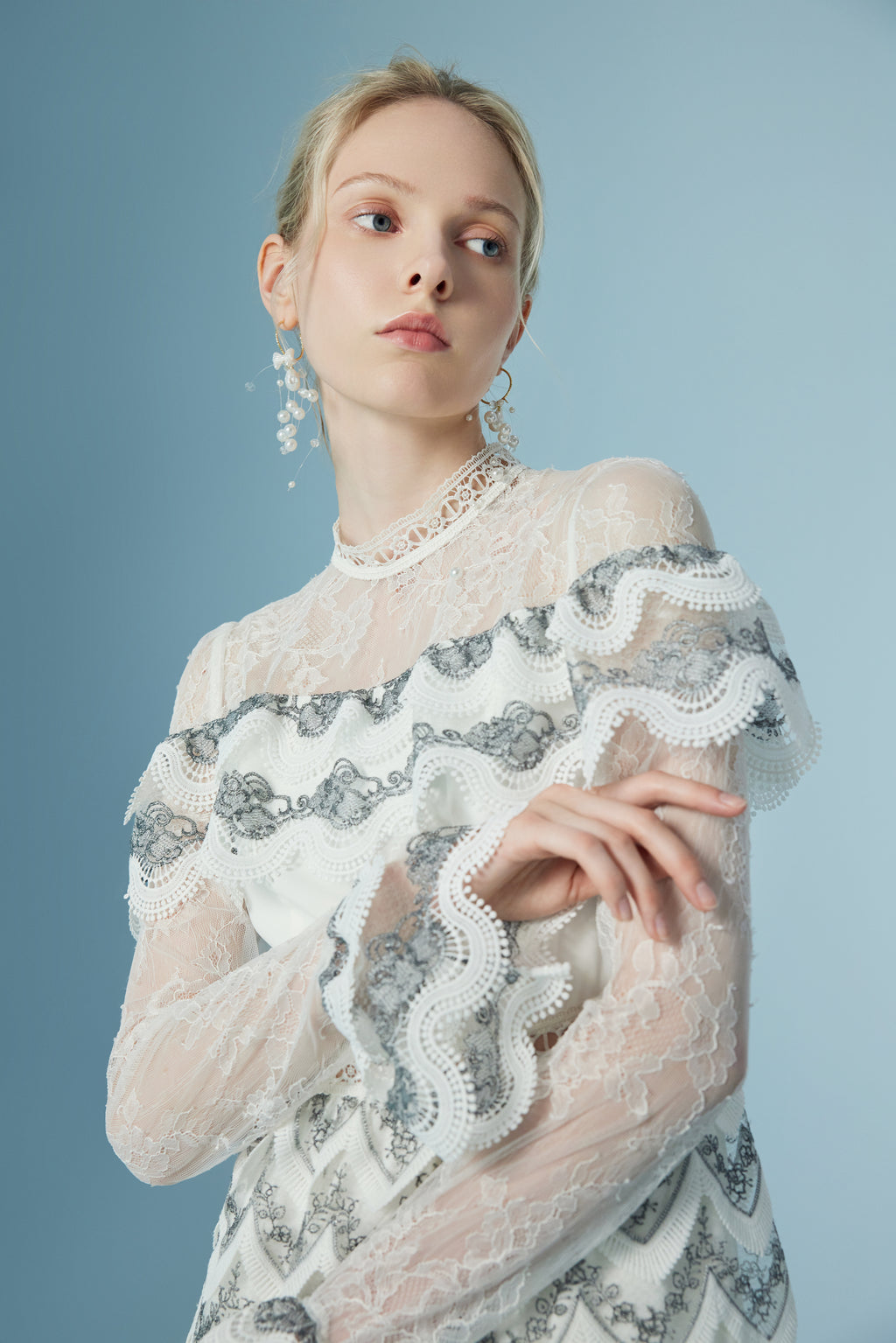 Wispy Long Sleeve Wave Floral Lace Maxi Dress