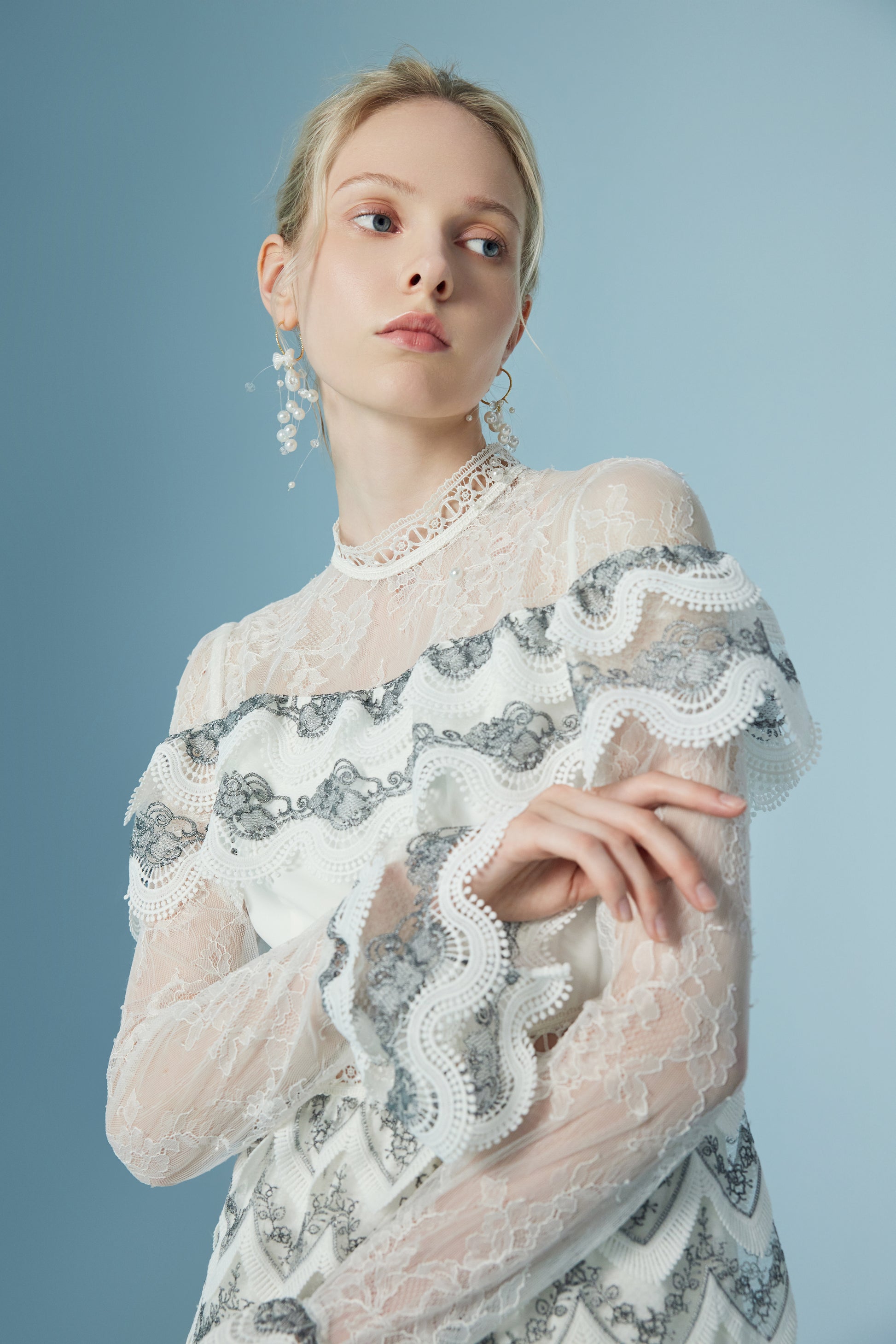Wispy Long Sleeve Wave Floral Lace Maxi Dress