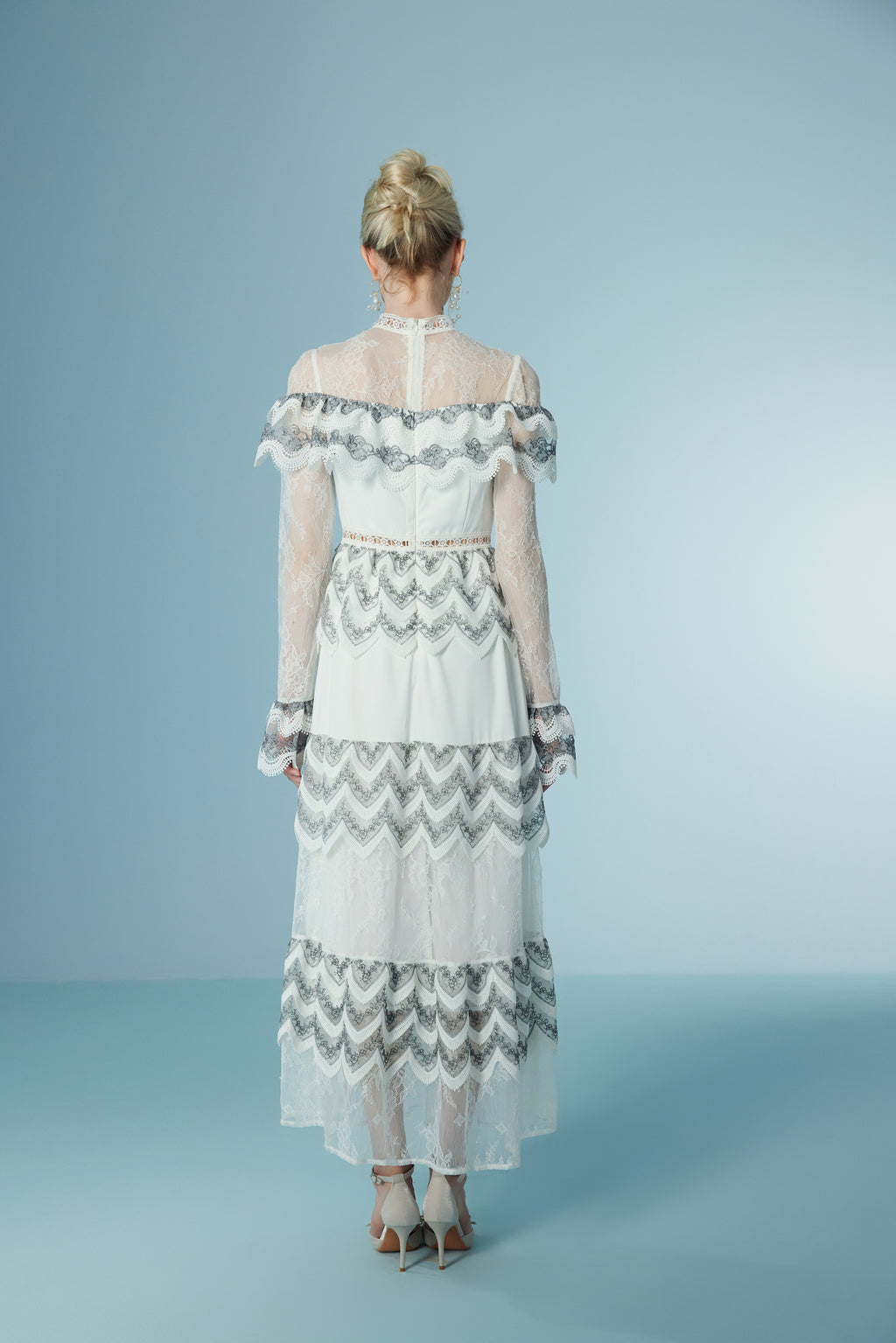 Wispy Long Sleeve Wave Floral Lace Maxi Dress
