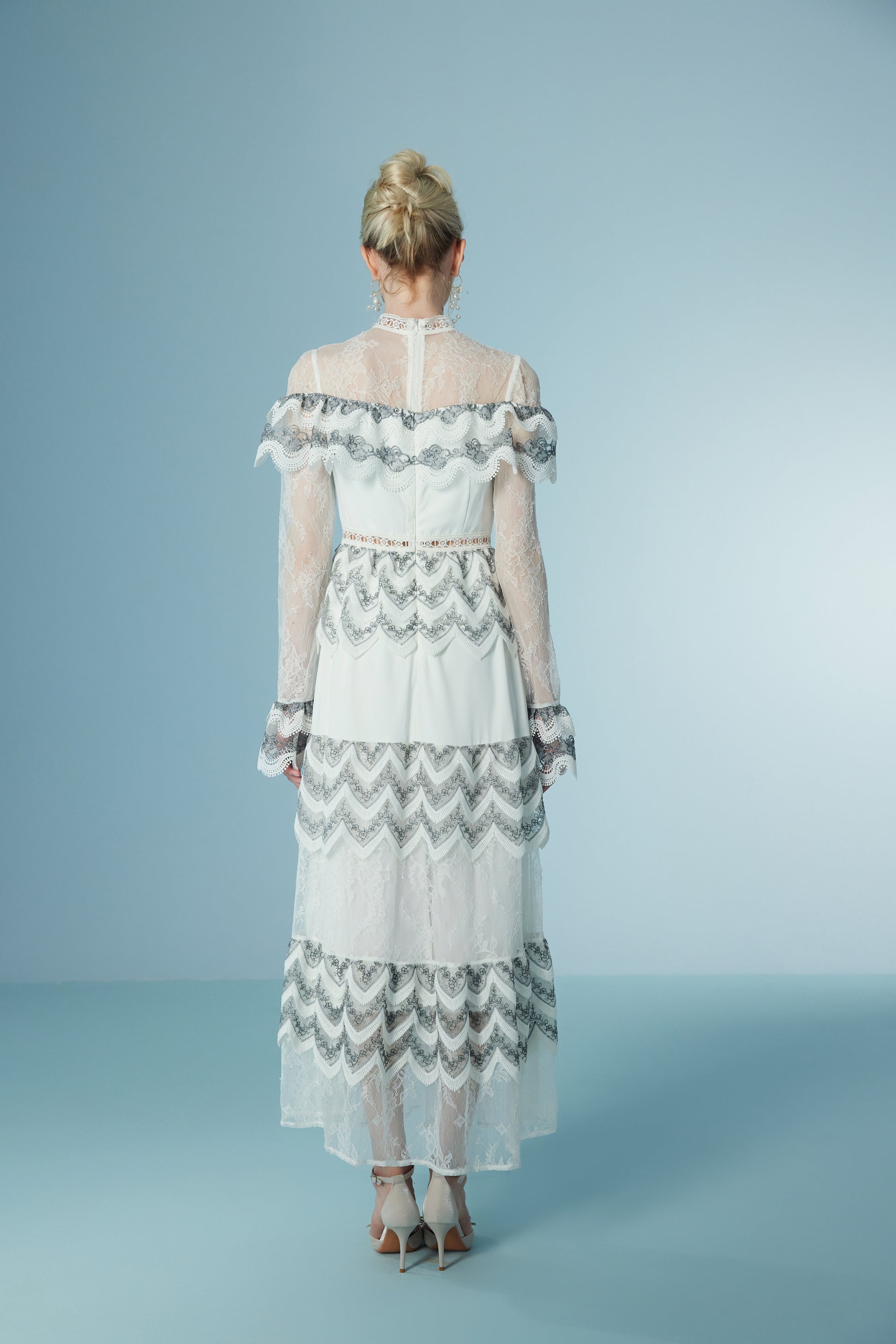 Wispy Long Sleeve Wave Floral Lace Maxi Dress