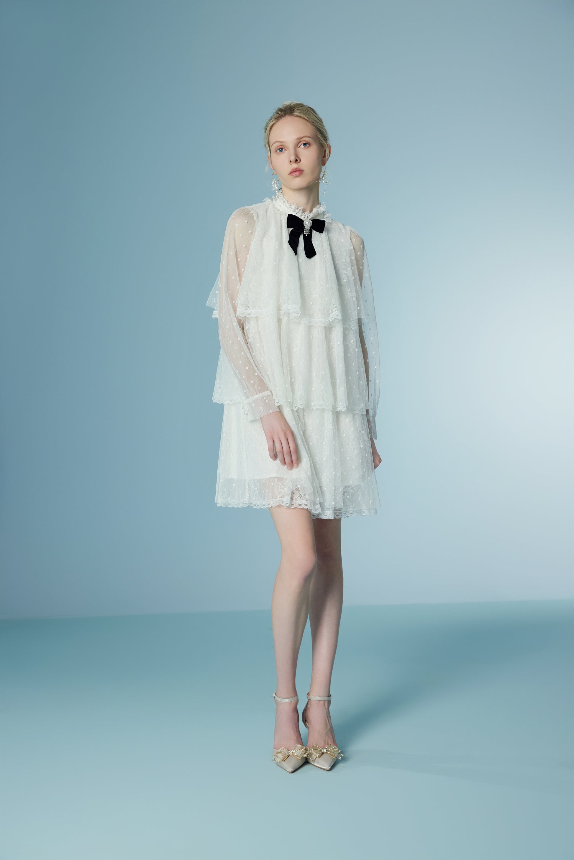Stand-collar Lace Mesh Perspective Dress