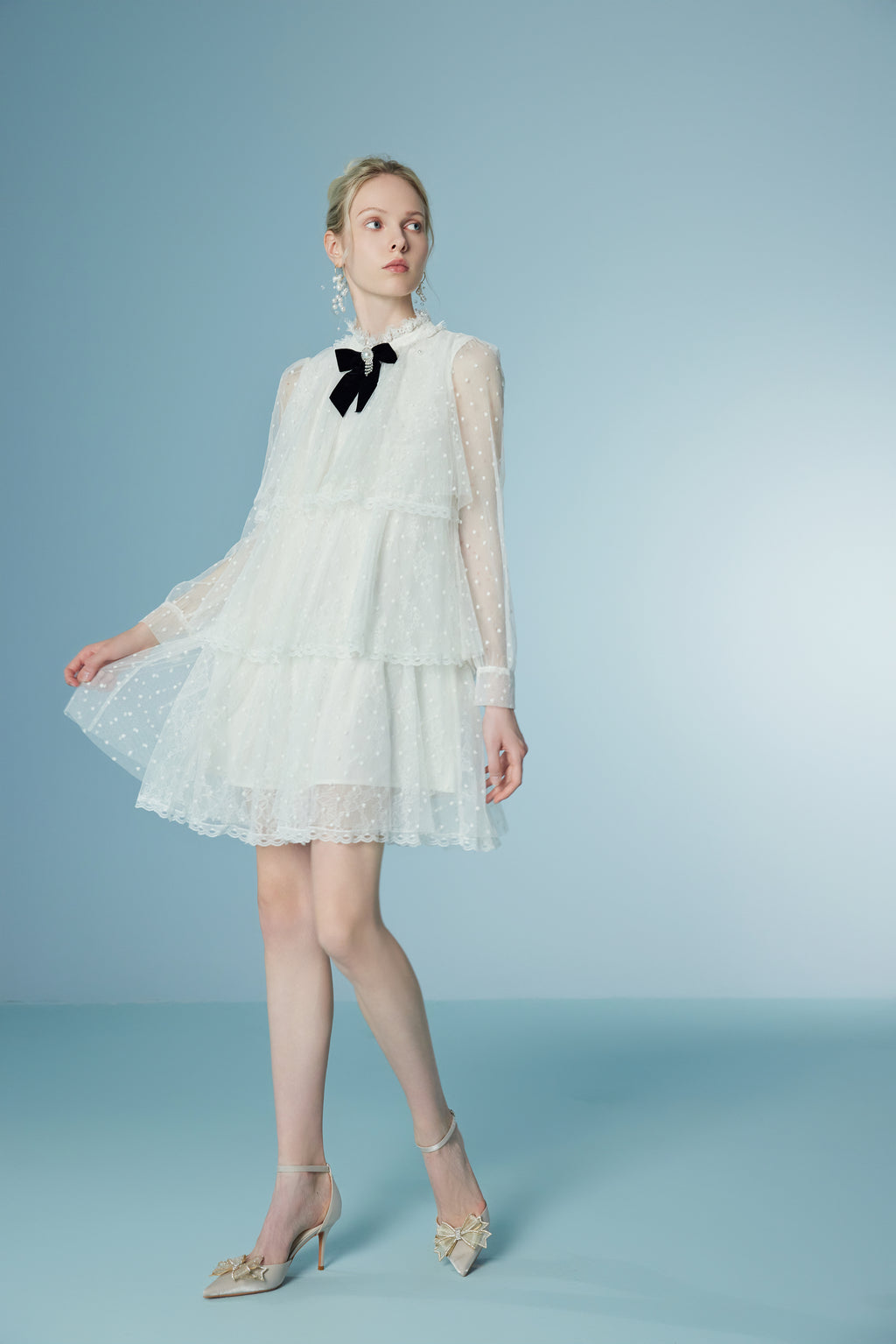 Stand-collar Lace Mesh Perspective Dress
