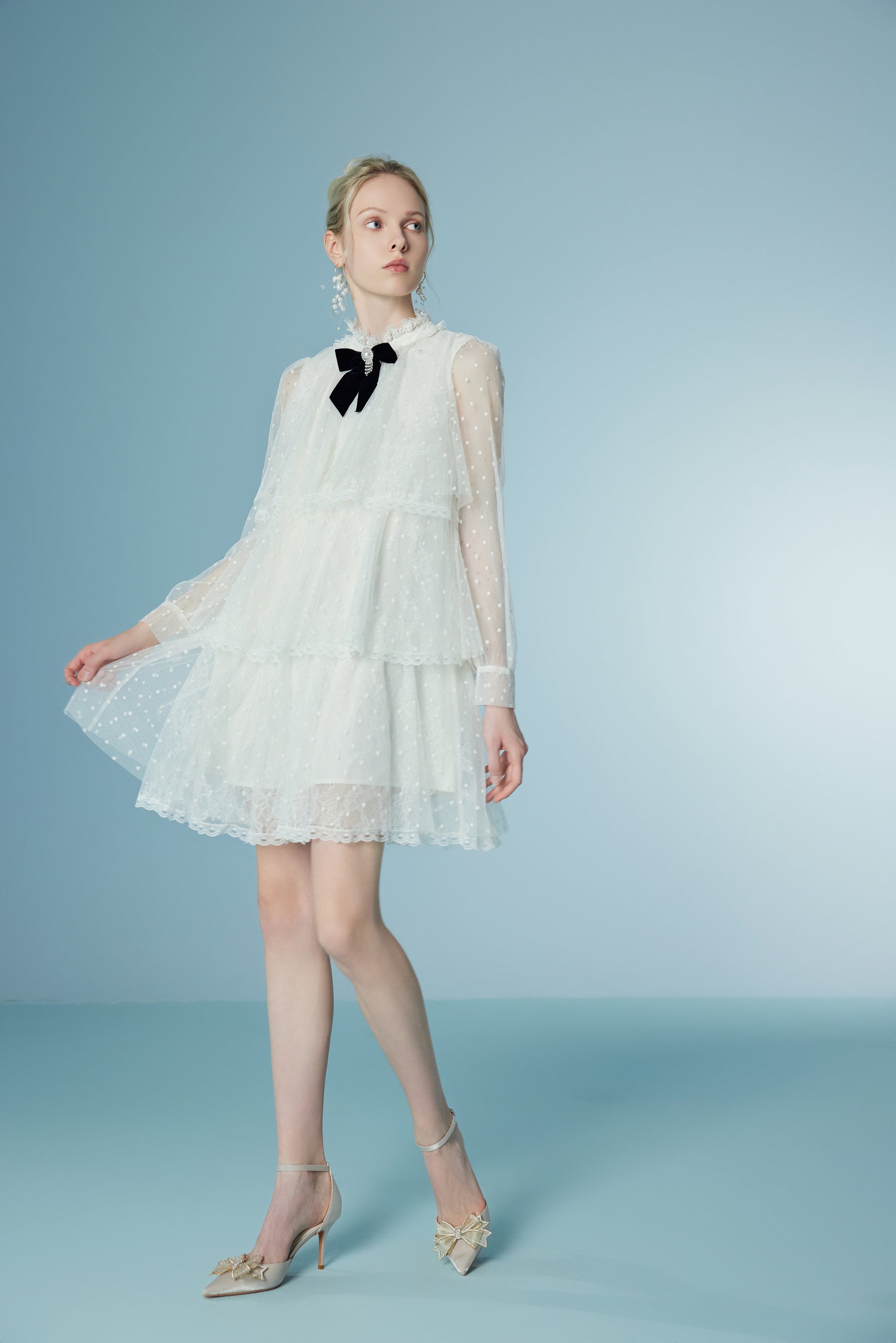 Stand-collar Lace Mesh Perspective Dress