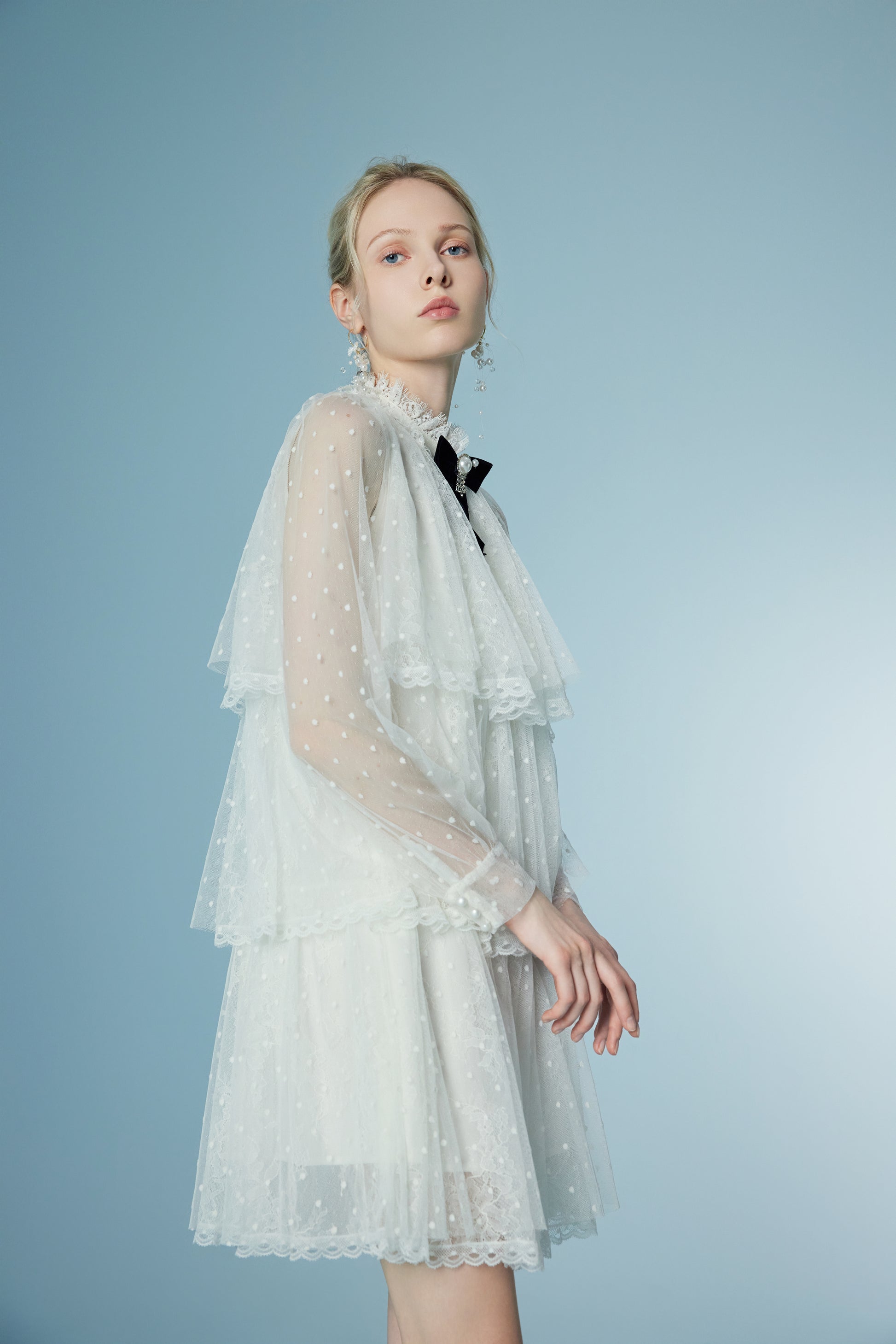Stand-collar Lace Mesh Perspective Dress
