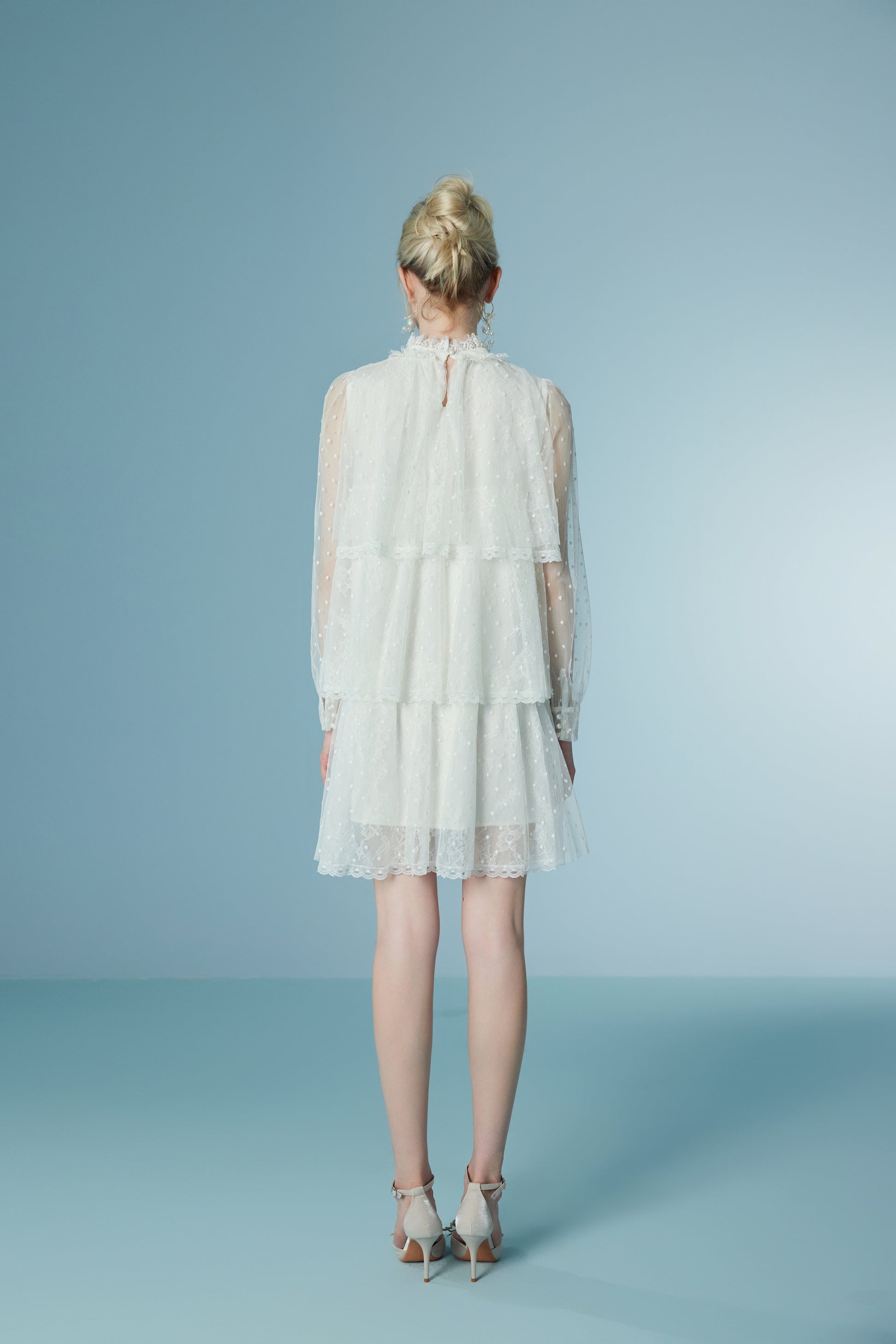 Stand-collar Lace Mesh Perspective Dress
