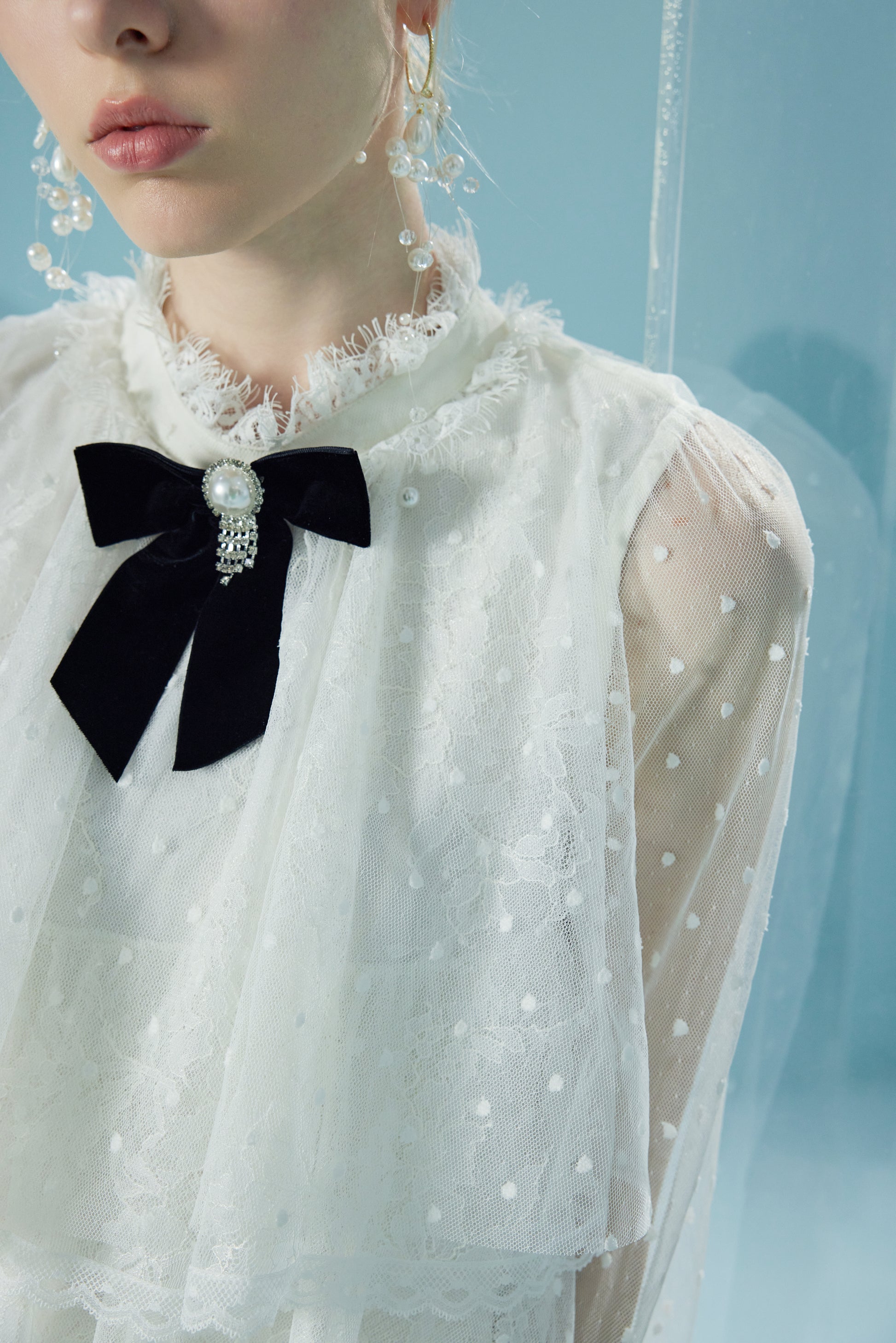 Stand-collar Lace Mesh Perspective Dress
