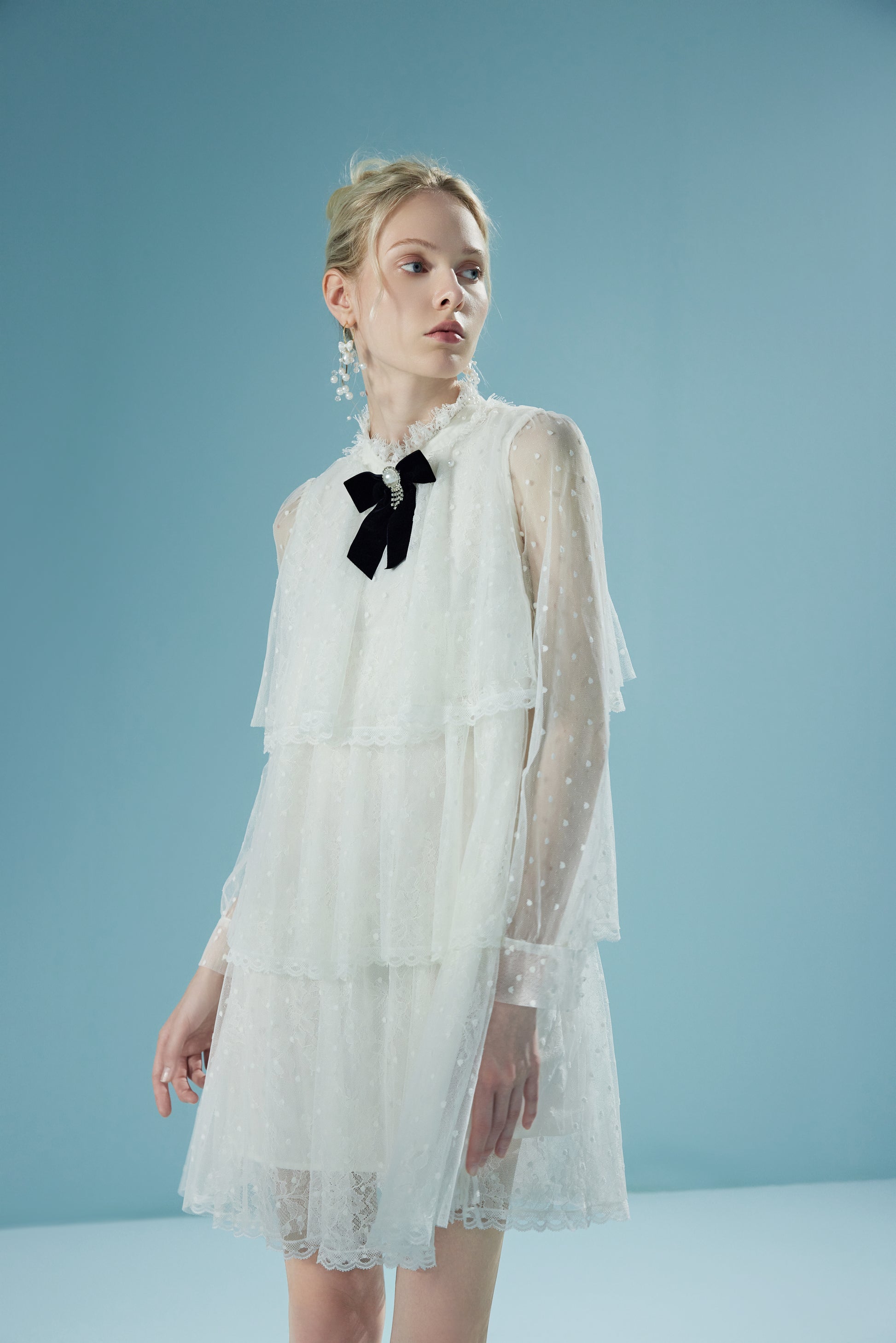 Stand-collar Lace Mesh Perspective Dress