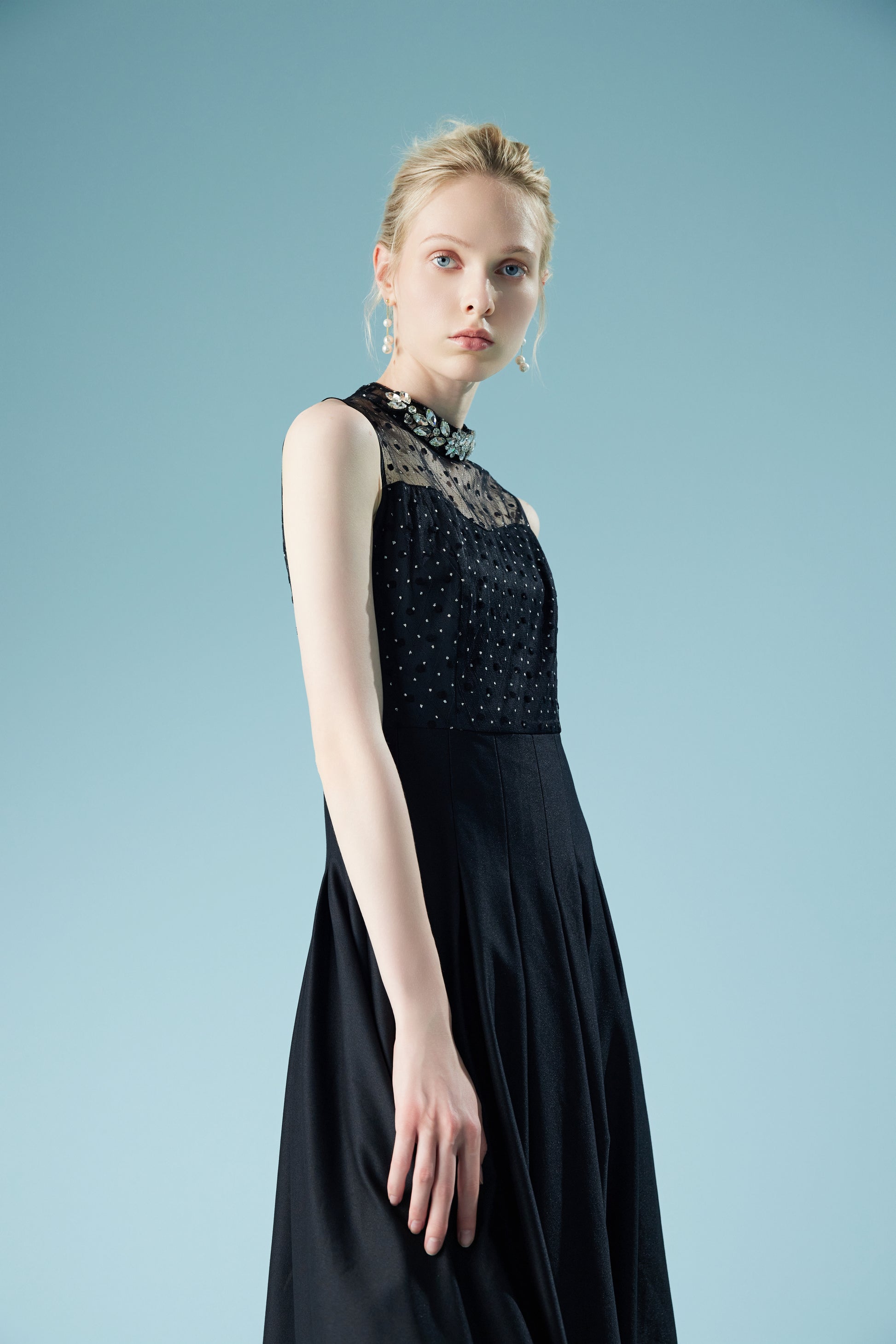 Diamante Polka Dot Mesh Lace Gown Dresses