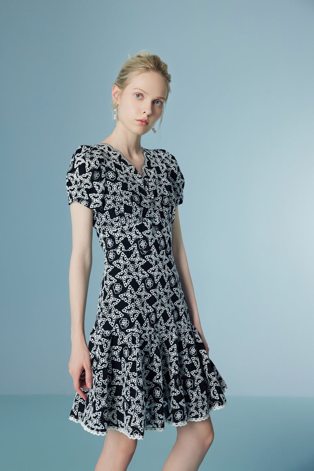 Lace Ruffle Bubble Sleeve Dress