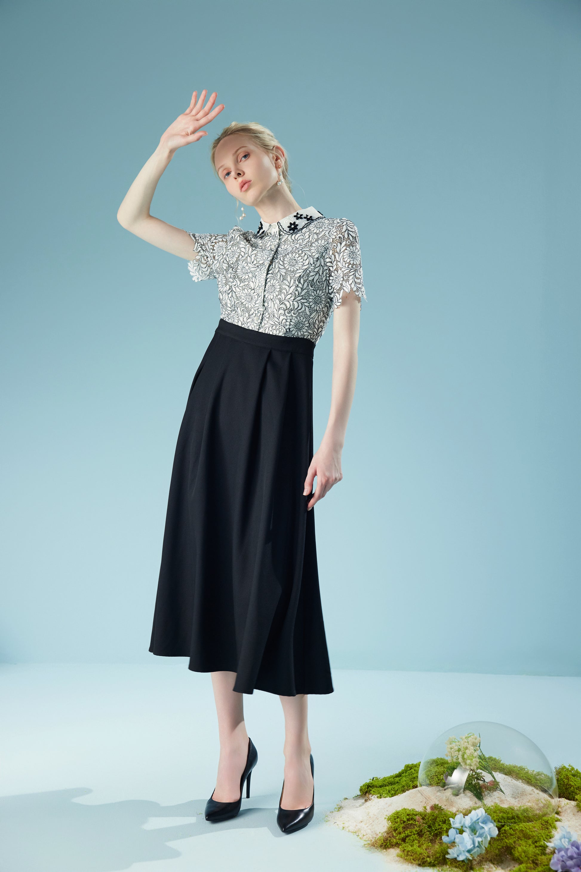 Embroidered Patchwork French Flower Collar Lace Midi Dress