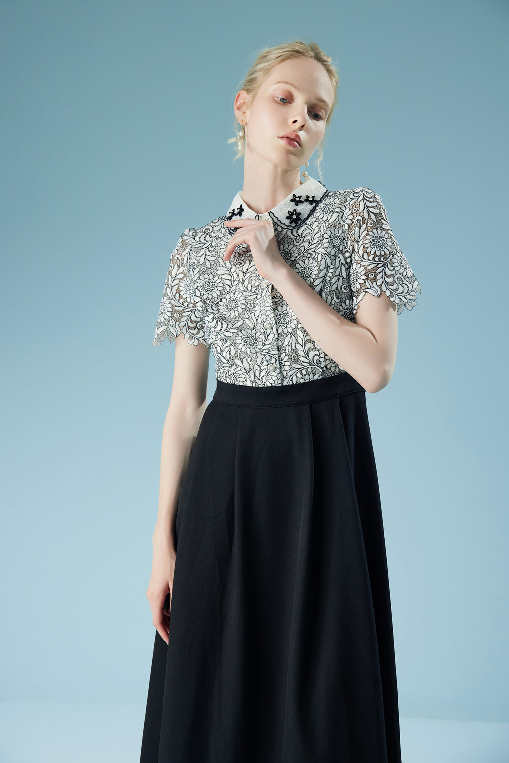 Embroidered Patchwork French Flower Collar Lace Midi Dress