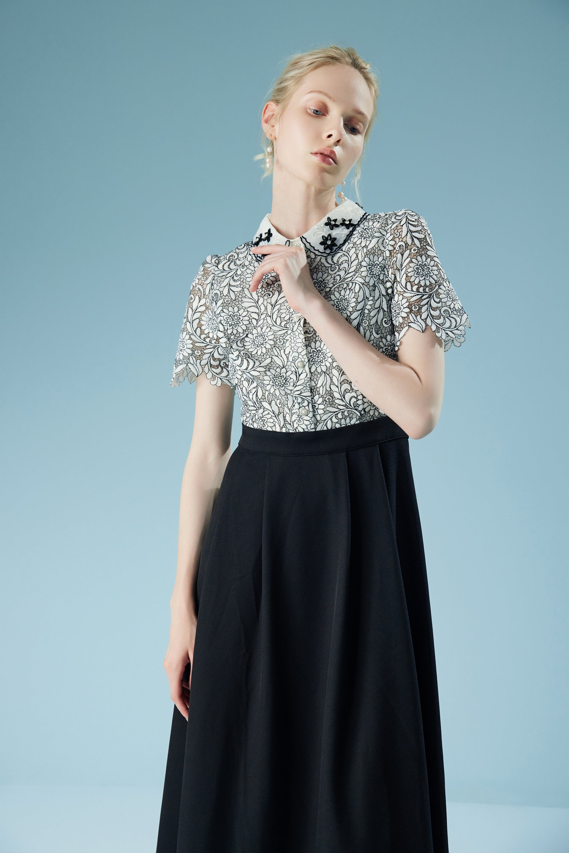 Embroidered Patchwork French Flower Collar Lace Midi Dress